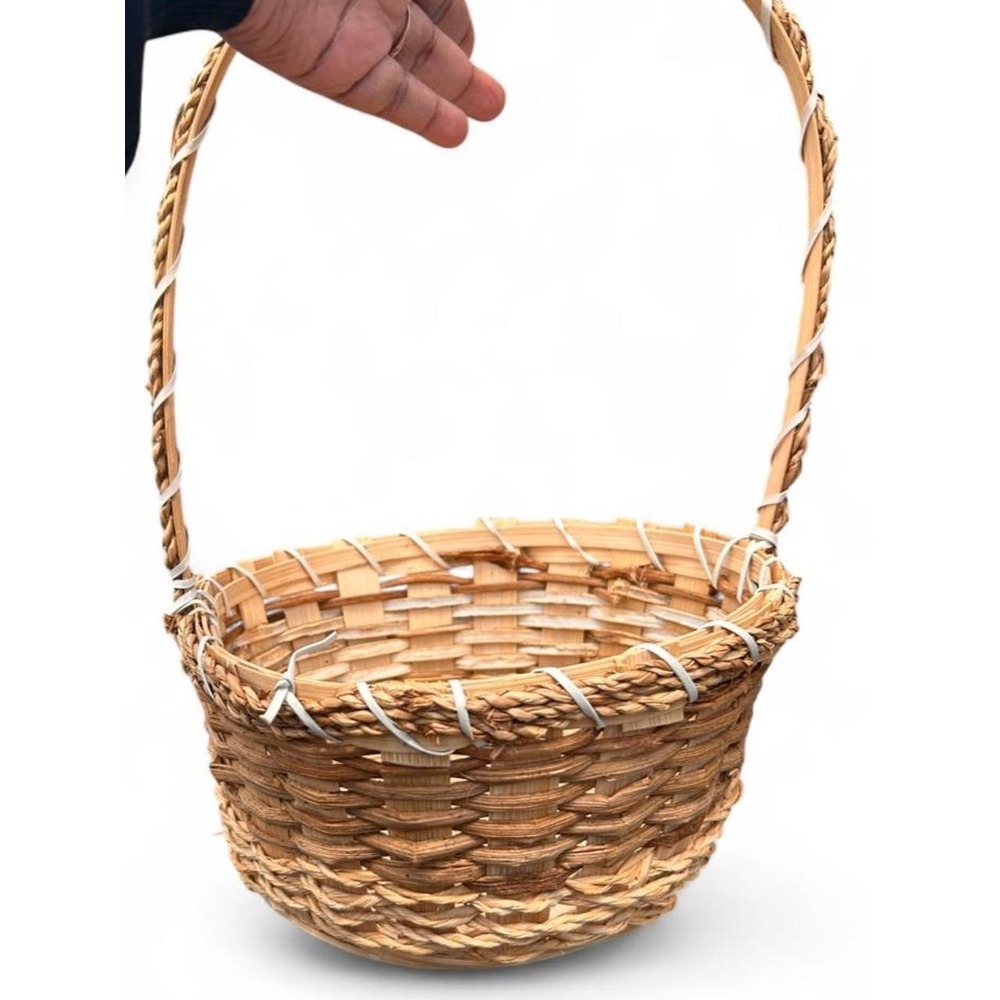 Wicker Basket Cottagecore Natural Reed Handle Boho Farmhouse Rustic Retro Decor - Picture 3 of 5